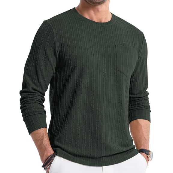 Thrilos Mens Long Sleeve Shirts Crewneck Casual Tops Pullover Work Shirts Stretch Textured Knit T-Shirts with Pocket
