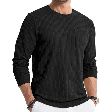 Thrilos Mens Long Sleeve Shirts Crewneck Casual Tops Pullover Work Shirts Stretch Textured Knit T-Shirts with Pocket