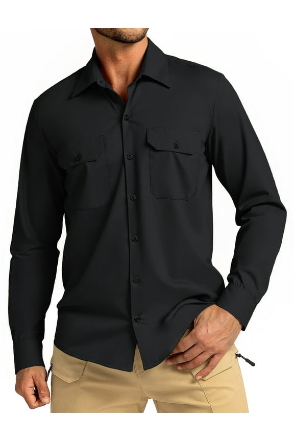 Mens Long Sleeve Work Shirts Casual Button Up Shirts Quick Dry Business Tops with 2 Pockets