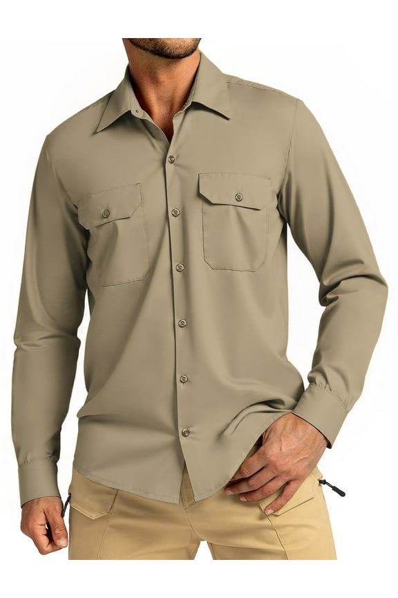 Mens Long Sleeve Work Shirts Casual Button Up Shirts Quick Dry Business Tops with 2 Pockets