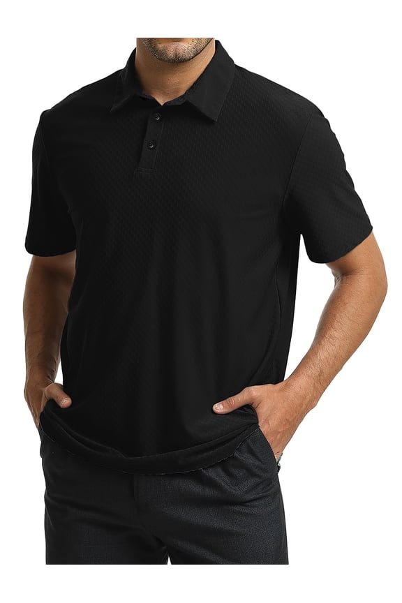 Quick Dry Polo Shirts for Men Square Jacquard Short Sleeve Lightweight Tops Moisture wicking Performance Golf Shirt