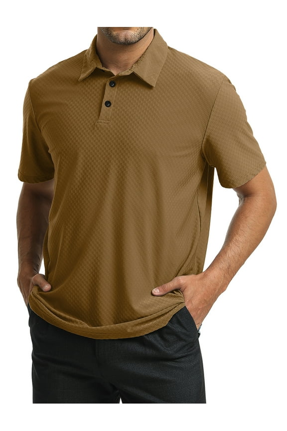 Quick Dry Polo Shirts for Men Square Jacquard Short Sleeve Lightweight Tops Moisture wicking Performance Golf Shirt