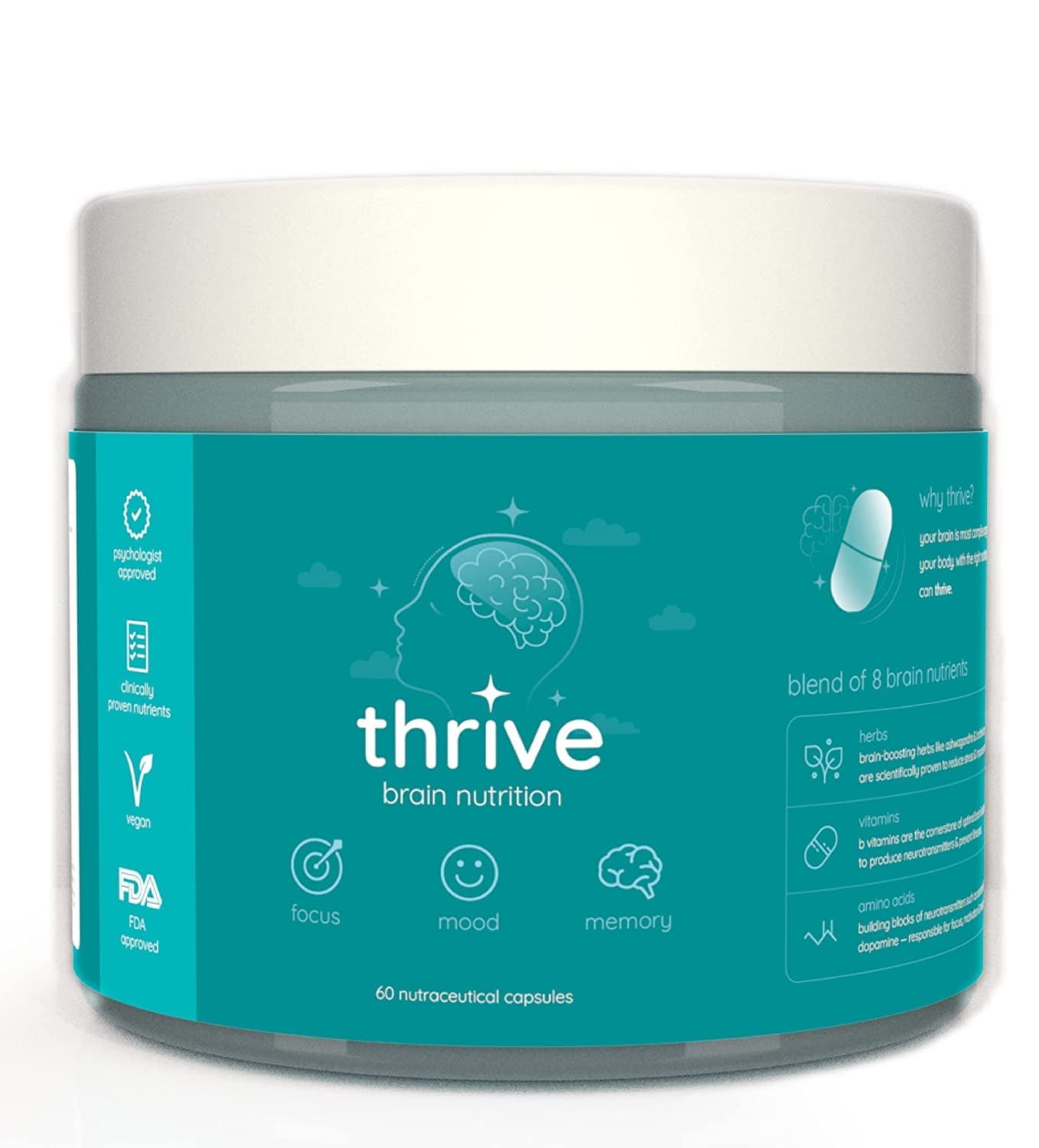 Thrive High Dosage Nootropic Focus, Memory & Mood Boster Brain Supplement L Tyrosine, L