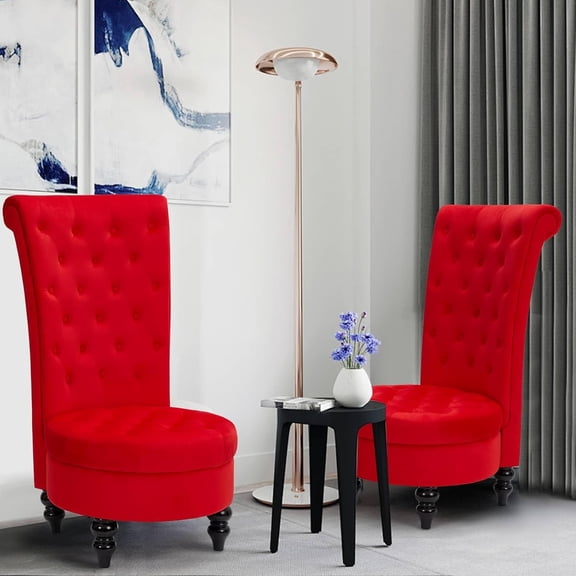 Throne Royal Chair Set of 2 for Living Room, Button-Tufted Accent Armless High Back Chair with 24.6 Inch Larger Seat, Thick Padding and Rubberwood Legs, Enthusiastic Red