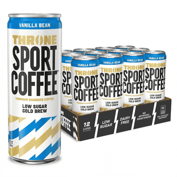 Throne Sport Coffee Cold Brew Vanilla Bean , 150mg Caffeine, B Vitamins, Dairy-Free, Low Sugar Coffee Drink, NSF Certified, 12 Pack
