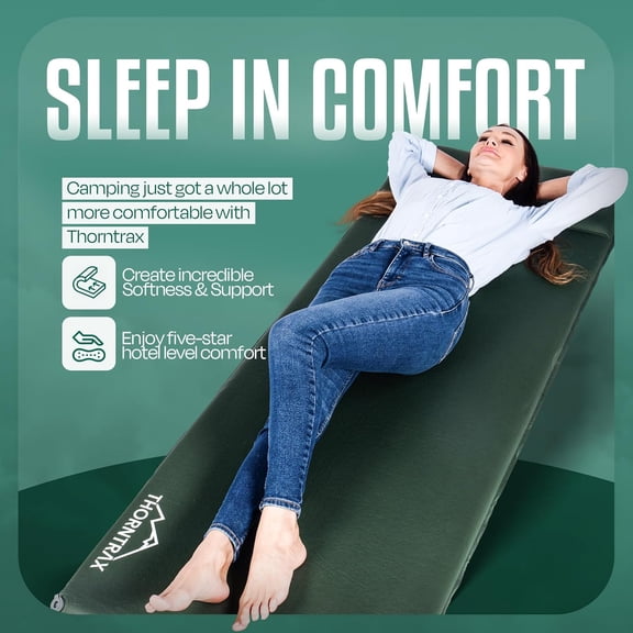 Throntrax Camping Sleeping Pad - Ultralight Camping Mat with Pillow Built-in - 3.1" Thick | Self-Inflating & Suitable for All Seasons - Compact Sleeping Pad for Camping - Green