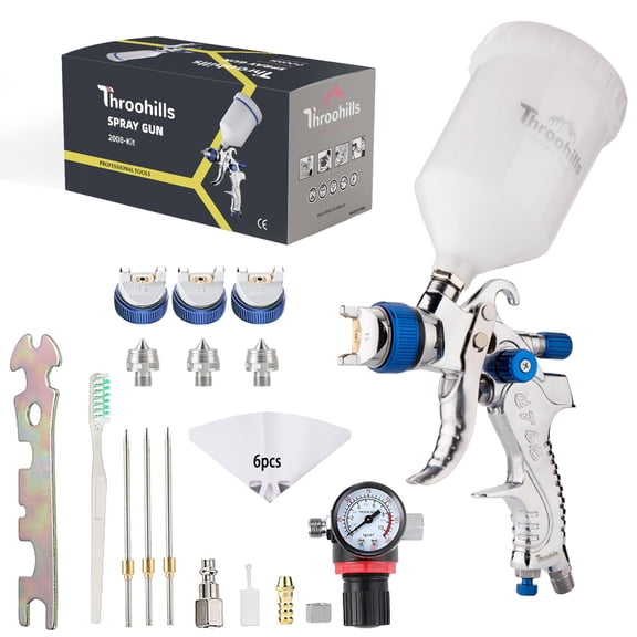 Throohills Professional HVLP Spray Gun, 1.4/1.7/2.0mm Nozzle HVLP High Atomization Flow Adjustable Pneumatic Gravity Spray Gun(Blue)