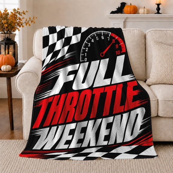 Throttle Weekend Quote with Tachometer and Checkered Flag, Motorsport Graphic Art for Racing Fans, Red Speed Gauge Motif Cozy Flannel Blanket, Birthday Gift for Garage and Game Room Home Decor