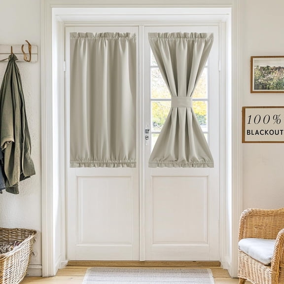 ThrottleT-100% Blackout French Door Curtain for Door Window Dual Rod Pocket No Coating - Privacy Assured Thermal Insulated Room Darkening Drapes for Sidelight Window, W 26 x L 40, 1 Panel, Natural