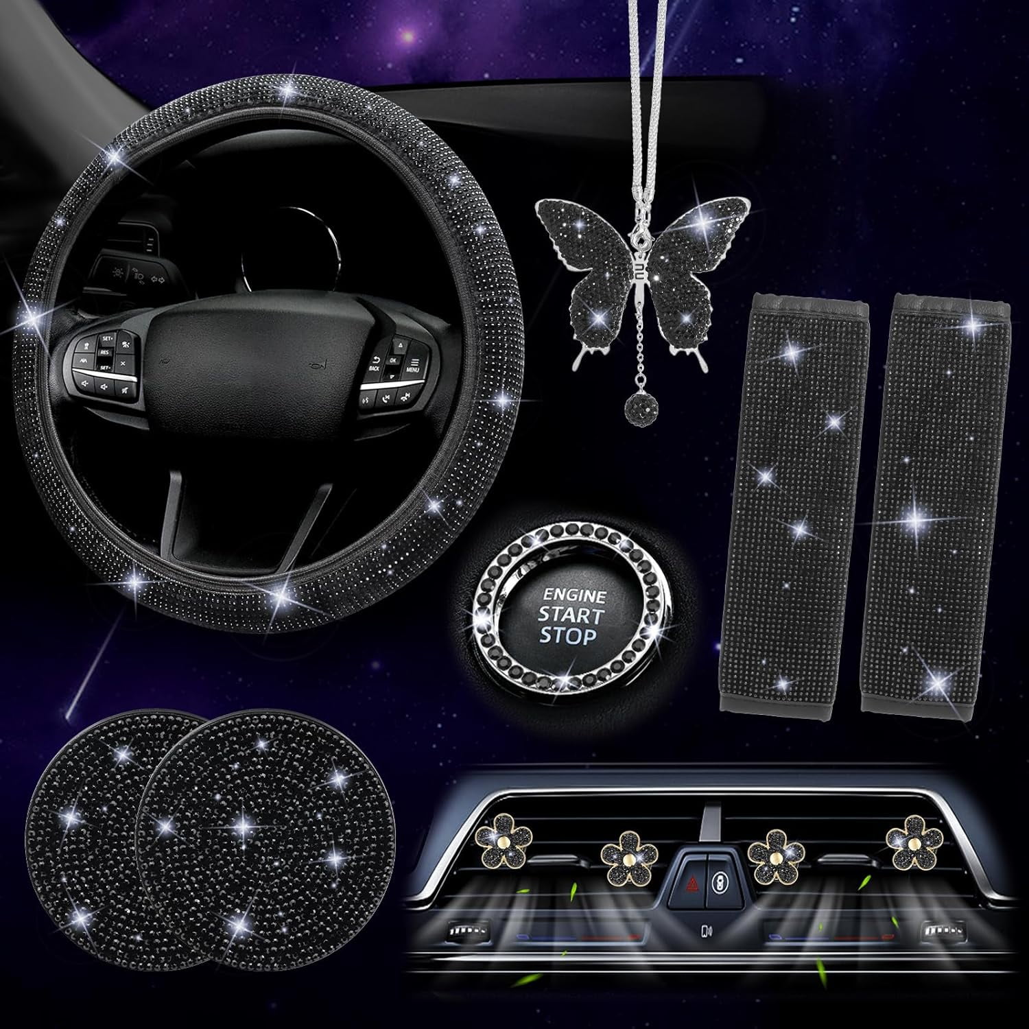 ThrottleT-11 PCS Bling Car Accessories Set for Women Steering Wheel Covers Butterfly Hanging Seat Belt Cover Air Vent Clips Coasters Cute Glitter Diamond AUTO Accessories Kit (Black)