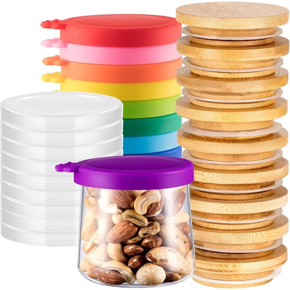 ThrottleT - 27 Pcs Oui Yogurt Jar Lids, Clear Plastic Silicone Bamboo Wood Replacement Covers with Airtight Silicone Sealing Rings Reusable Jar Not Included, Clear & Natural Bamboo