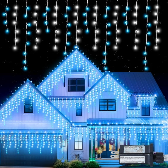 ThrottleT -300L LED Icicle Lights,Blue+White Window Curtain Lights,8 Modes with 30V Plug in for Wedding, Party, Bedroom, Home,Garden,Outdoor,Indoor Wall,Christmas Decorations,Connectable(Blue+White)