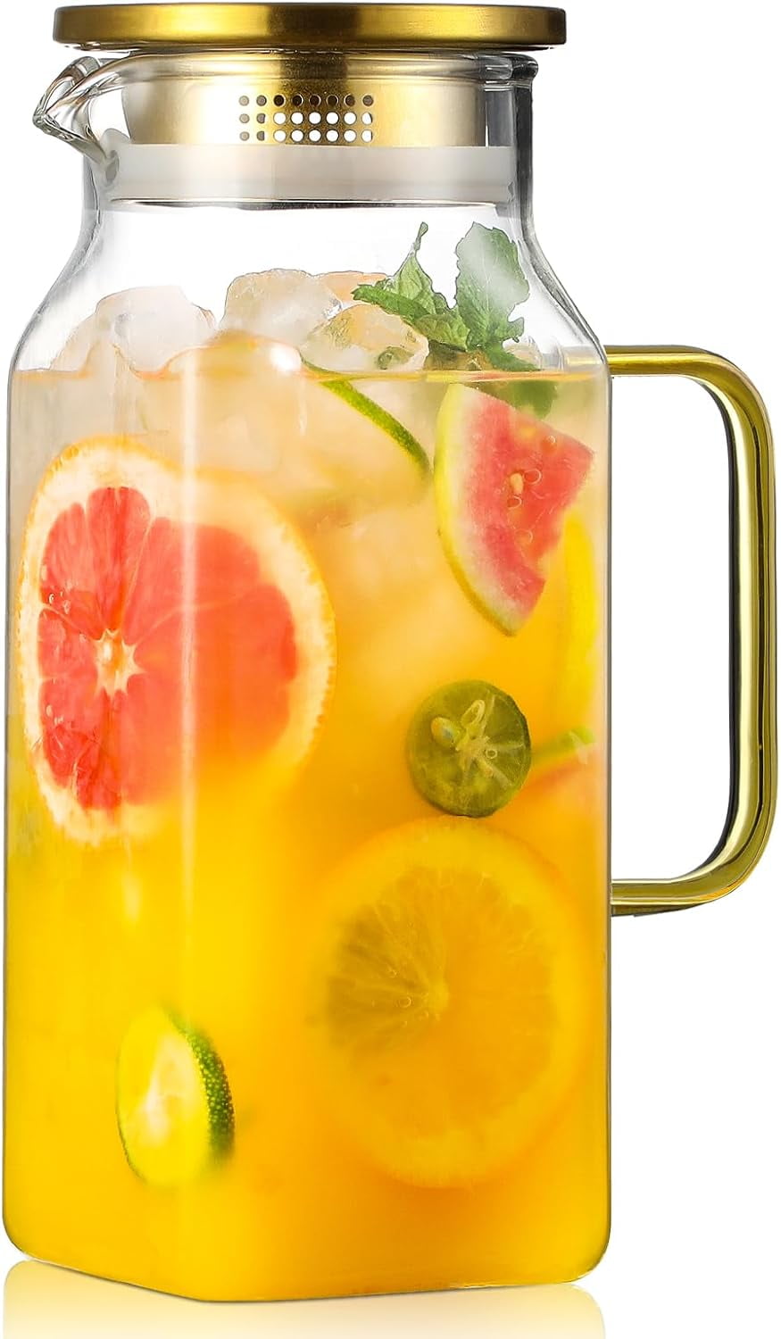 40 oz 1.2 Liter Square Glass Pitcher with Lid and Spout, Borosilicate Glass Carafe with Handle for Fridge, Durable Large Water Jug for Iced Tea, Coffee, Cold and Hot Beverages