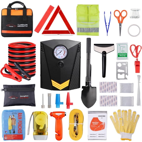 ThrottleT-Car Roadside Emergency Kit with Jumper Cables, Auto Vehicle Safety Road Side Assistance Kits,Winter Car Kit Essentials for Women and Men,with Portable Air Compressor,Folding Survival Shovel