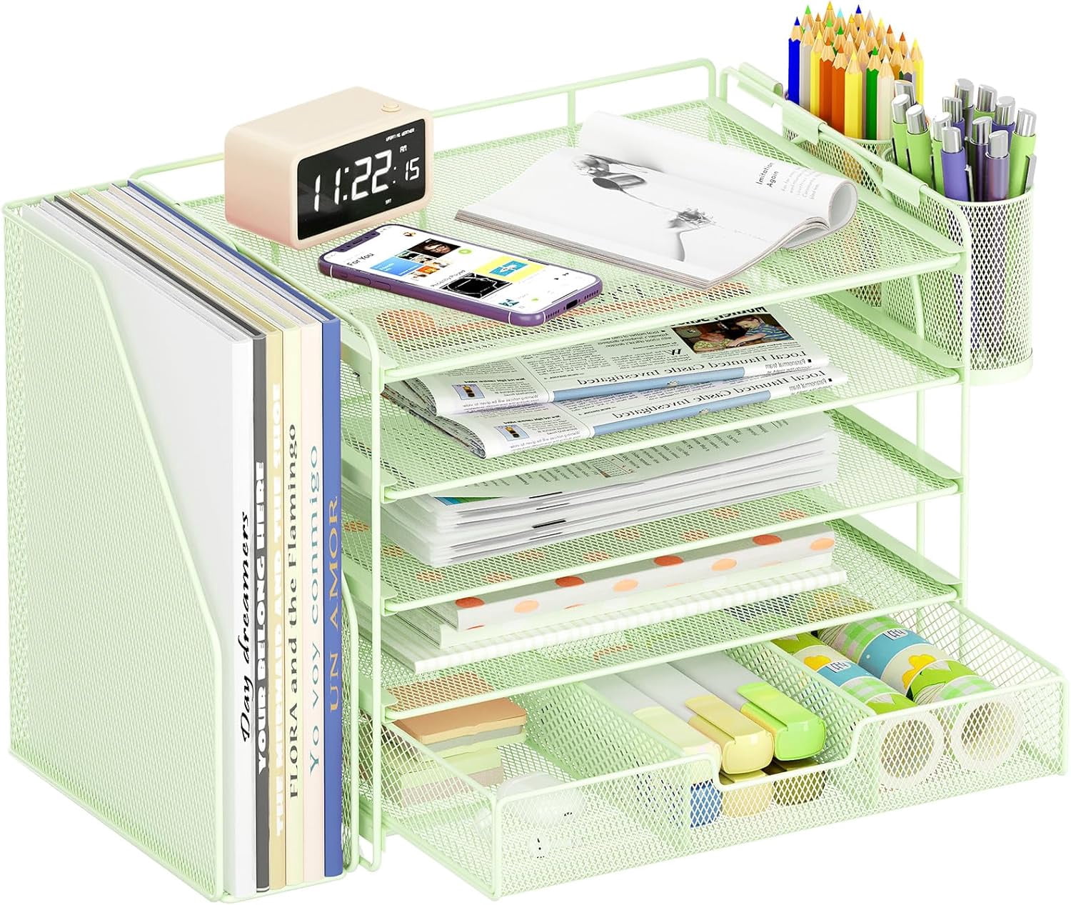 ThrottleT-Desk Organizers and Accessories with File Holder, 5-Tier Office Desk Accessories & Workspace Desktop Organizer with Drawer and 2 Pen Holder, File Paper Organizer for Office Supplies(Green)