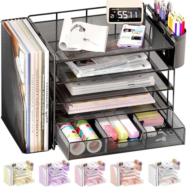 ThrottleT-Desk Organizers and Accessories with File Holder, 5-Tier Office Desk Accessories & Workspace Desktop Organizer with Drawer and 2 Pen Holder, File Paper Organizer for Office Supplies(Black)