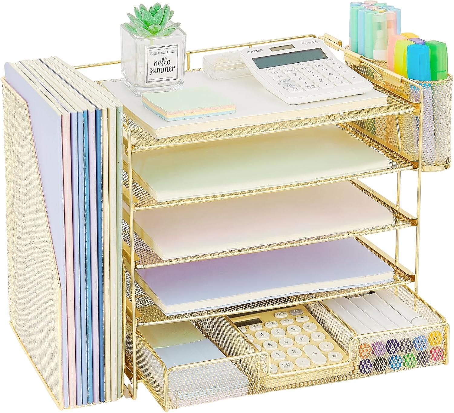 ThrottleT-Desk Organizers and Accessories with File Holder, 5-Tier Office Desk Accessories & Workspace Desktop Organizer with Drawer and 2 Pen Holder, File Paper Organizer for Office Supplies(Gold)