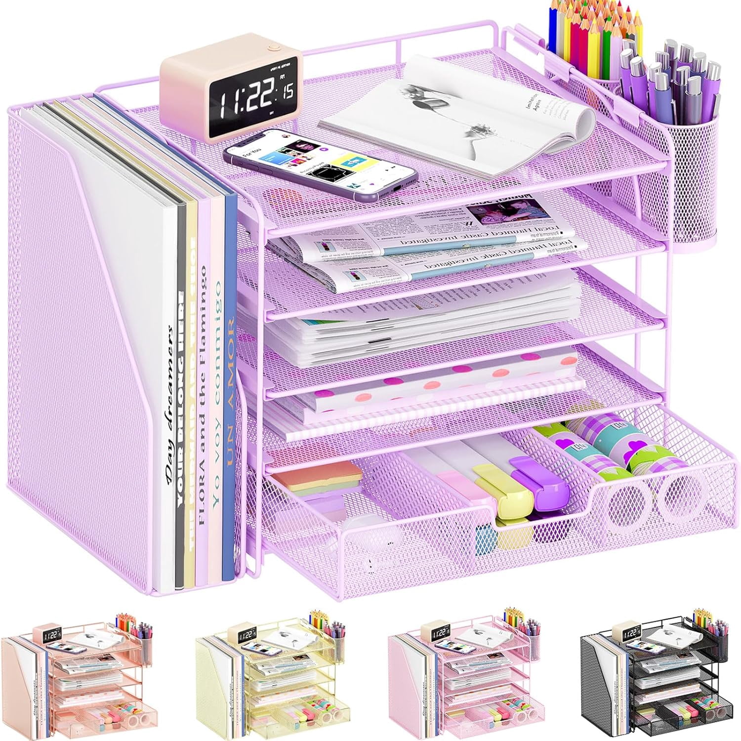 ThrottleT-Desk Organizers and Accessories with File Holder, 5-Tier Office Desk Accessories & Workspace Desktop Organizer with Drawer and 2 Pen Holder, File Paper Organizer for Office Supplies(Purple)