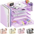 thumbnail image 1 of ThrottleT-Desk Organizers and Accessories with File Holder, 5-Tier Office Desk Accessories & Workspace Desktop Organizer with Drawer and 2 Pen Holder, File Paper Organizer for Office Supplies(Purple), 1 of 15