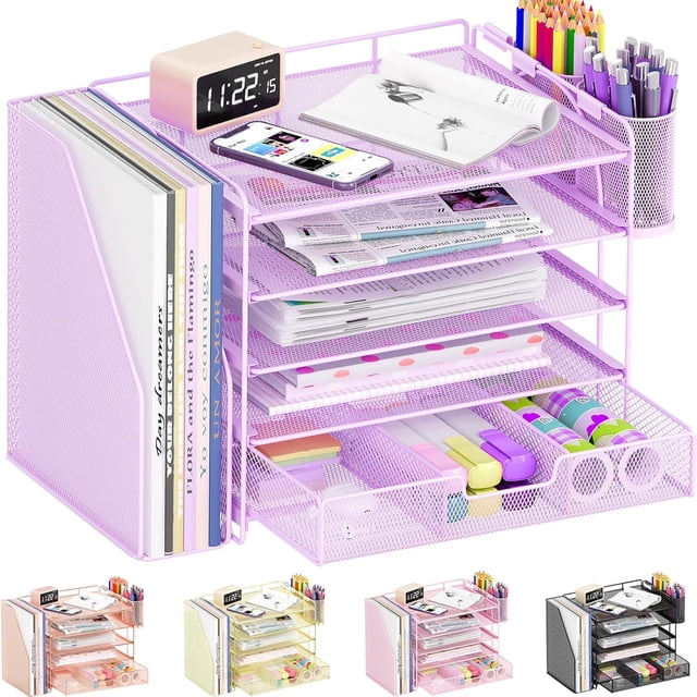 ThrottleT-Desk Organizers and Accessories with File Holder, 5-Tier Office Desk Accessories & Workspace Desktop Organizer with Drawer and 2 Pen Holder, File Paper Organizer for Office Supplies(Purple)