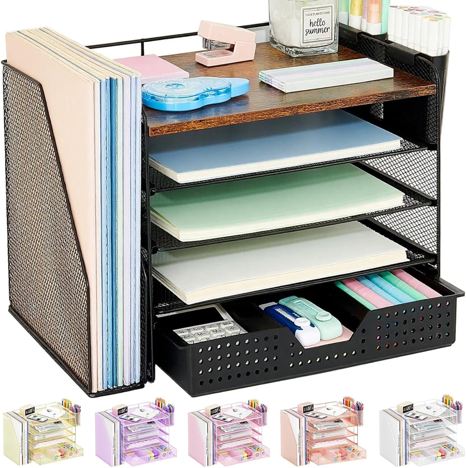 ThrottleT-Desk Organizers and Accessories with File Holder,5Tier Office Desk Accessories & Workspace Desktop Organizer with Drawer and 2 Pen Holder,File Paper Organizer for Office Supplies(Brown Wood