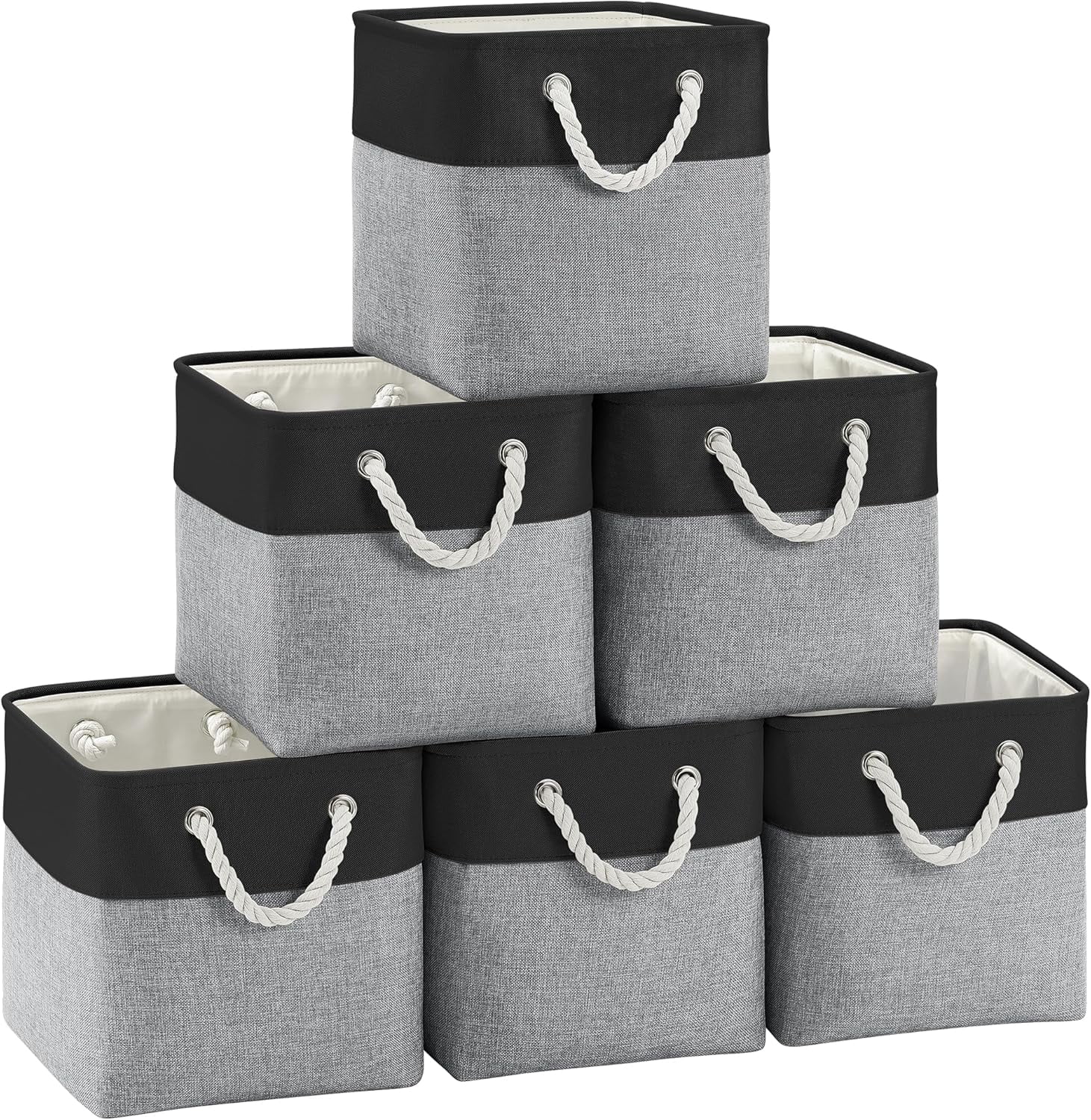 ThrottleT-Fabric Cubes Storage Basket, 6 Pack 11x11 in with Handles Foldable Cube Storage Bins, for Shelves, Home, Office Organizers (Black/ Gray)