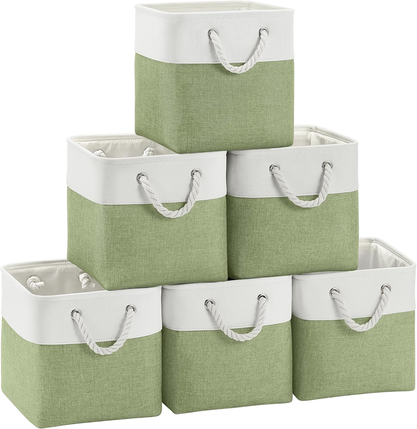 ThrottleT-Fabric Cubes Storage Basket, 6 Pack 11x11 in with Handles Foldable Cube Storage Bins, for Shelves, Home, Office Organizers (White/ Green)