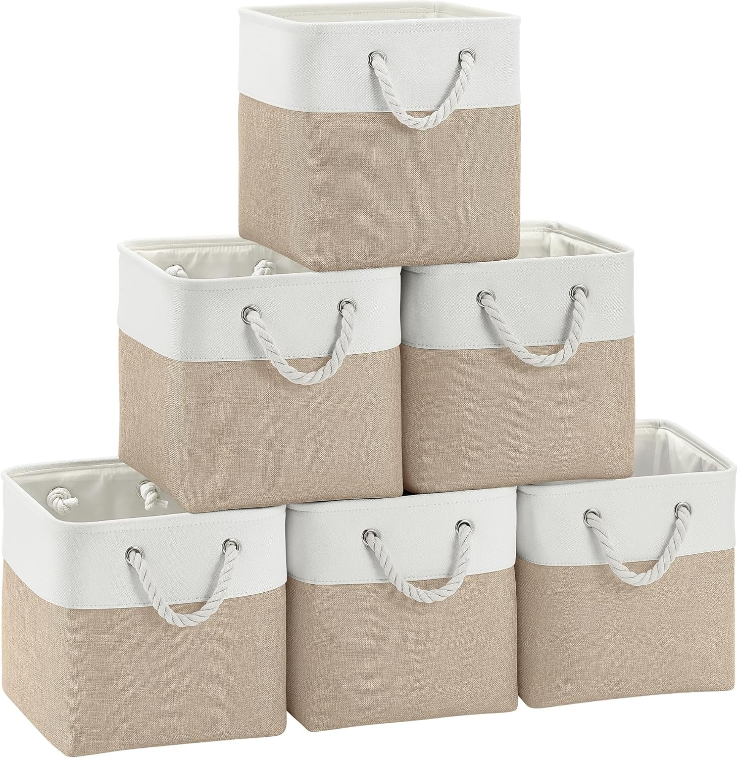 ThrottleT-Fabric Cubes Storage Basket, 6 Pack 11x11 inch with Handles Foldable Cube Storage Bins, for Shelves, Home, Office Organizers (White/Khaki)