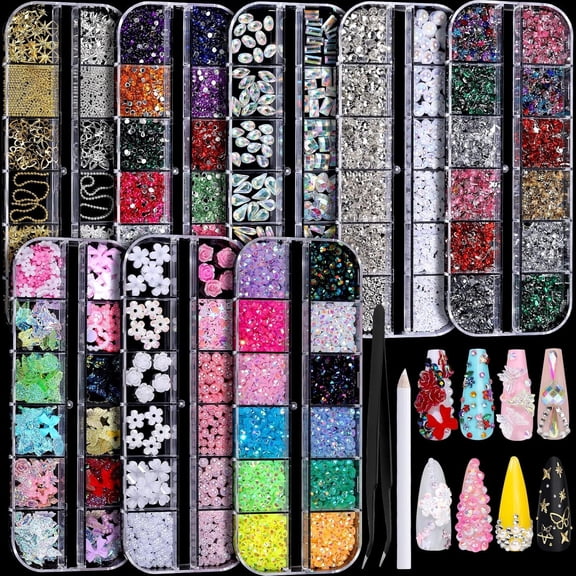 Senlleo  Charms, Nail Rhinestones Kit with 8 Boxes of Nail Gems, 3D Charms for Nails, Colorful Clear Flatback Rhinestones, Charms Y2K for Nails, Multi Shape Pearls Jewels for Crafts