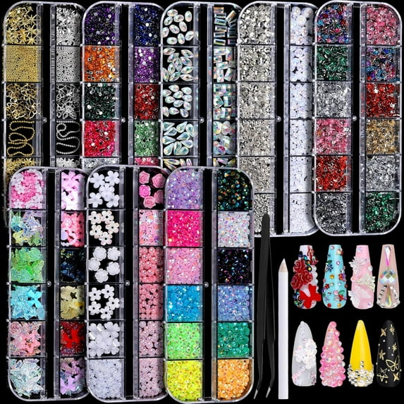 ThrottleT-Nail Charms, Nail Rhinestones Kit with 8 Boxes of Nail Gems, 3D Charms for Nails, Colorful Clear Flatback Rhinestones, Charms Y2K for Nails, Multi Shape Pearls Jewels for Crafts