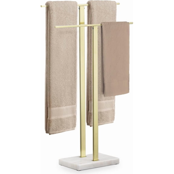 ThrottleT-Standing Towel Rack with Marble Base, 2-Tier Towel Stand for Bathroom Floor, Upgrade Steady Design, T-Shaped Towel Drying Rack Gold, SUS304 Stainless Steel, Brushed Gold Finish, BTH217-BZ