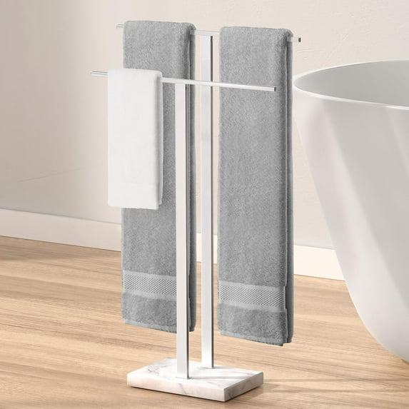 ThrottleT-Standing Towel Rack for Bathroom with Marble Base, 2-Tier Towel Rack Stand for Floor, SUS304 Stainless Steel Polished Finish, BTH217