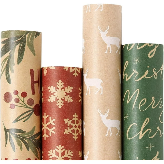 ThrottleT Vintage Christmas Wrapping Paper - Brown Kraft Gift Wrap 4 Rolls, 17x120 Inch, Holiday Paper with Classic Red and Green Patterns for Xmas Gifts
