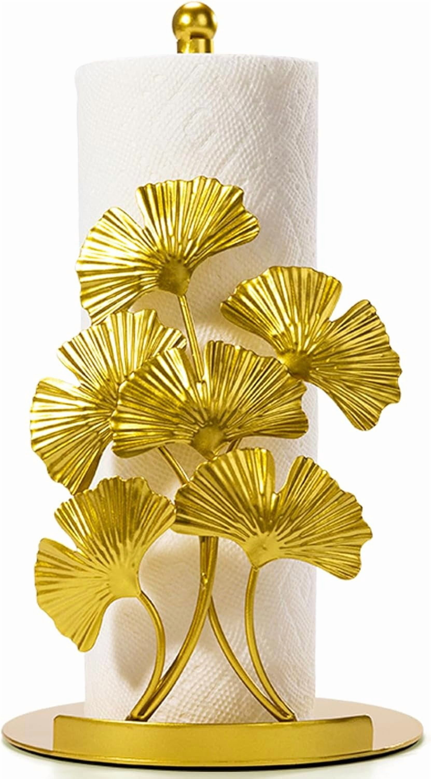 ThrottleT - Vintage Gold Ginkgo Paper Towel Holder Countertop - Gold Kitchen Decor and Accessories, Luxury Housewarming Gifts for Women, 3D Ornate Leaf Textured, Retro Design Home Decor