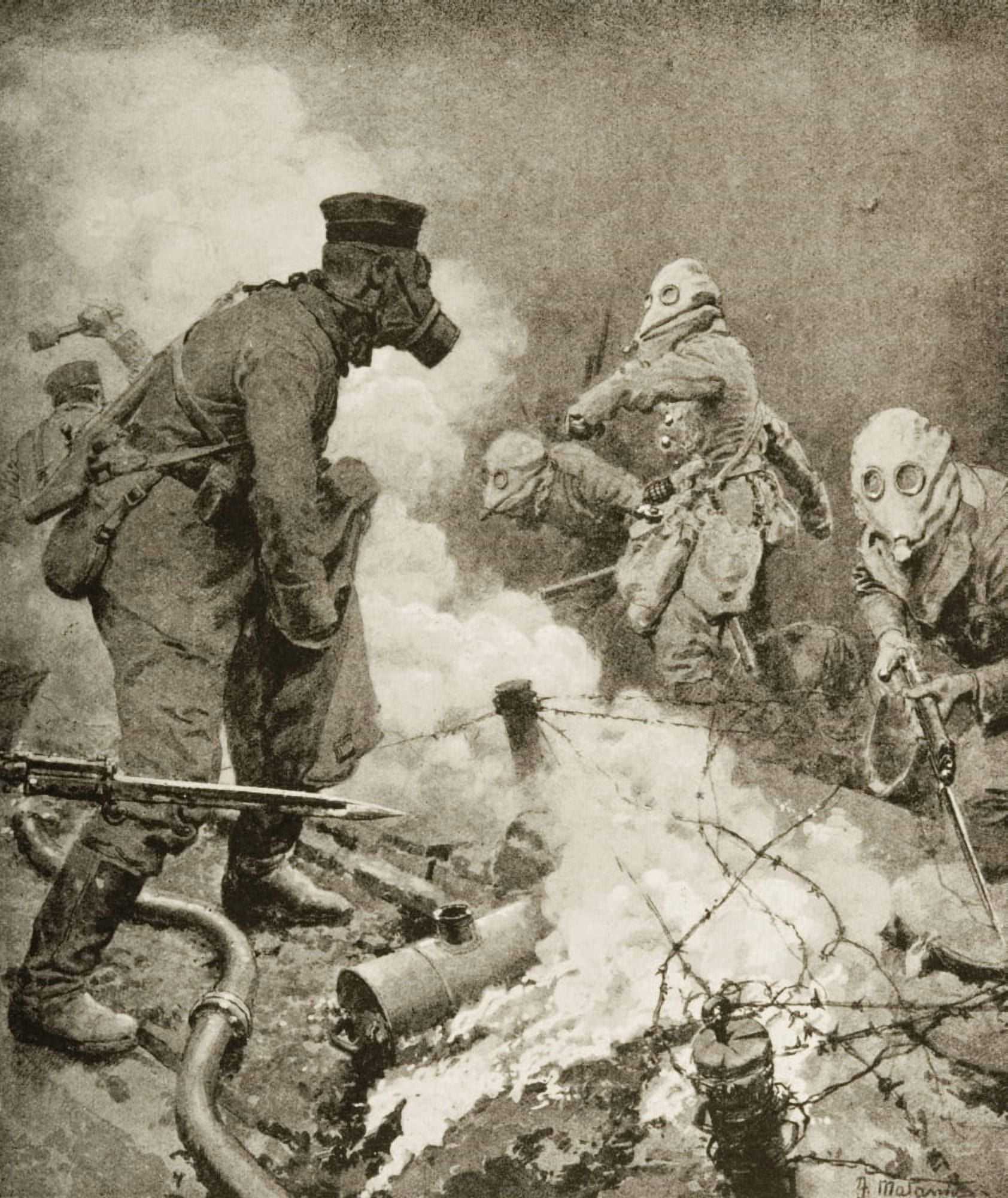Through Clouds Of Poison GasBritish Troops Raiding The German Lines Drawn By FMatania Canvas Art - Ken Welsh Design Pics (13 x 16)