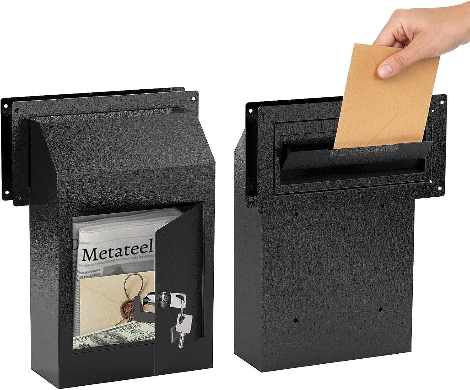 Metateel Through-The-Door Drop Box – Drop Deposit Mailbox with Slot Catcher, Heavy Duty Steel Mailbox with Lock for Secure Storage of Letters & Checks – Ideal for Home, Office, Apartment (Black)