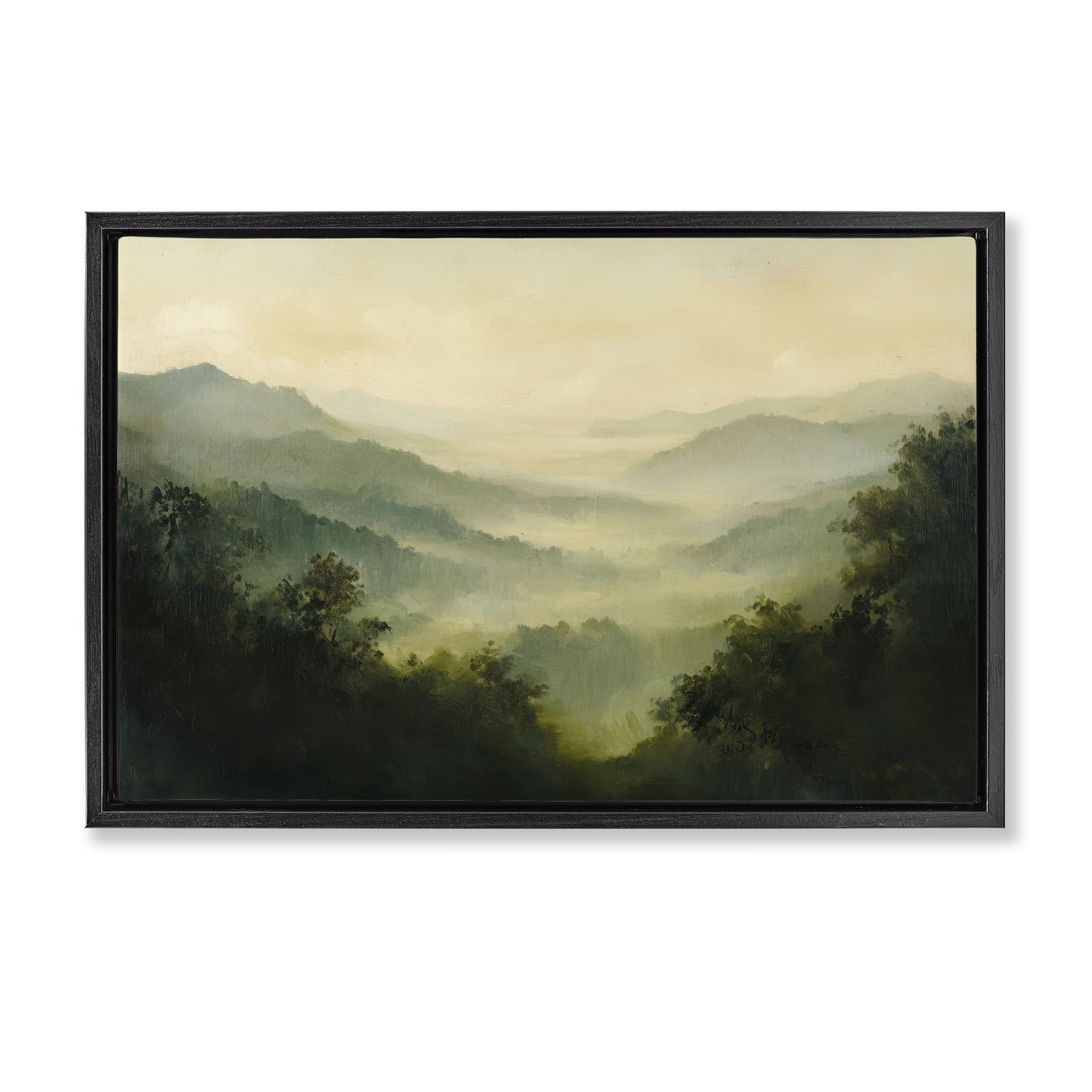 Through The Haze Landscape Black Framed Floater Canvas Wall Art, design by Petal Prints Design