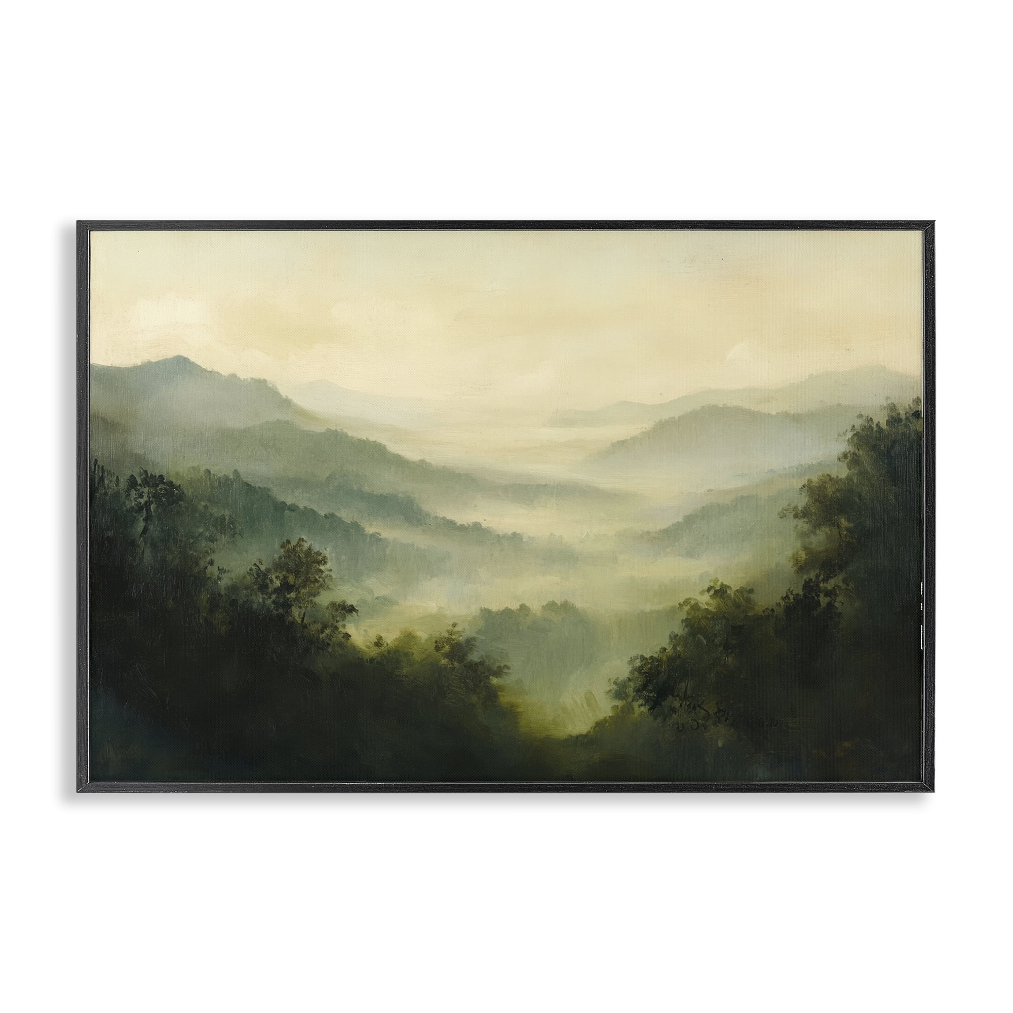 Through The Haze Landscape Black Framed Giclee Art, design by Petal Prints Design