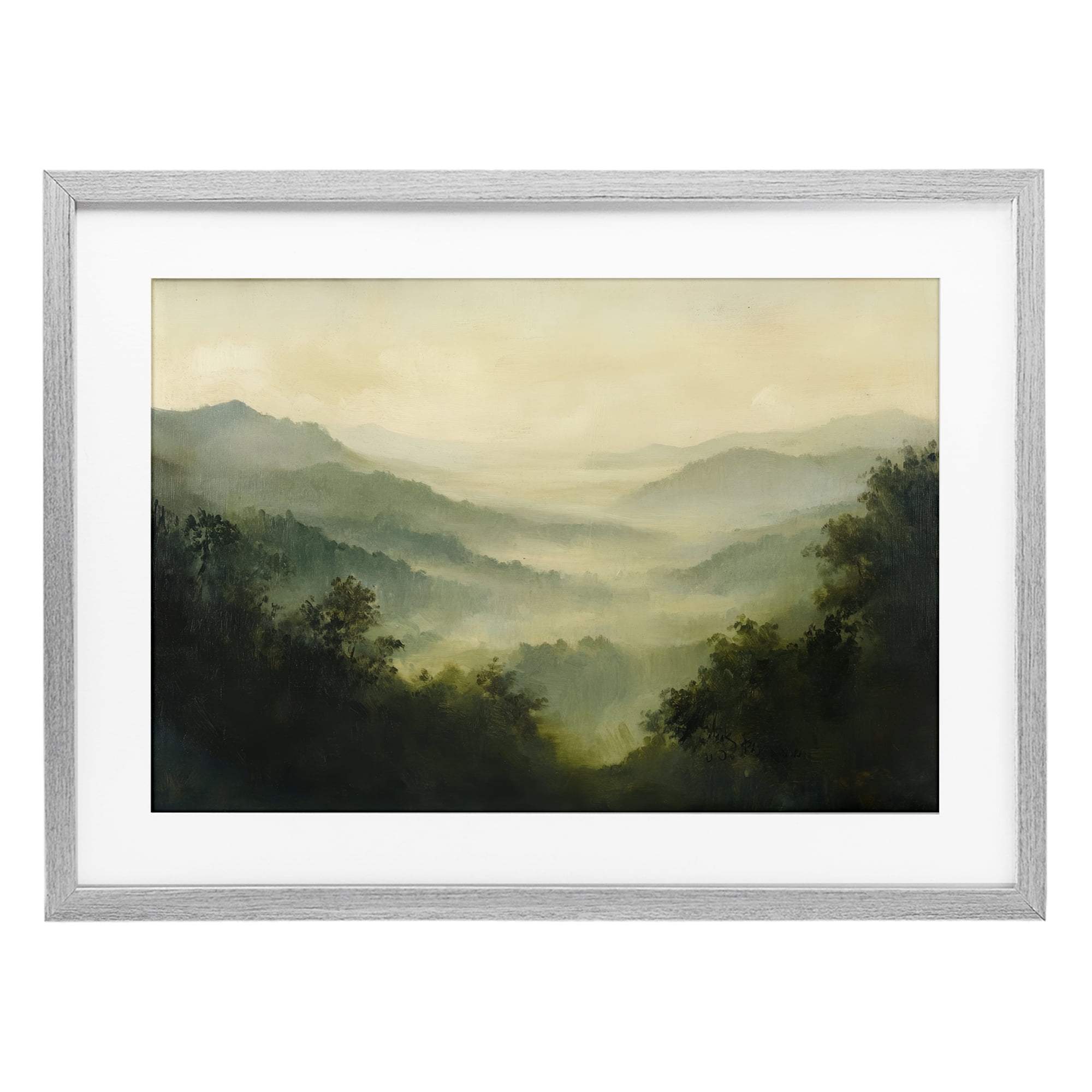 Through The Haze Landscape Gray Framed Print Under Glass, design by Petal Prints Design