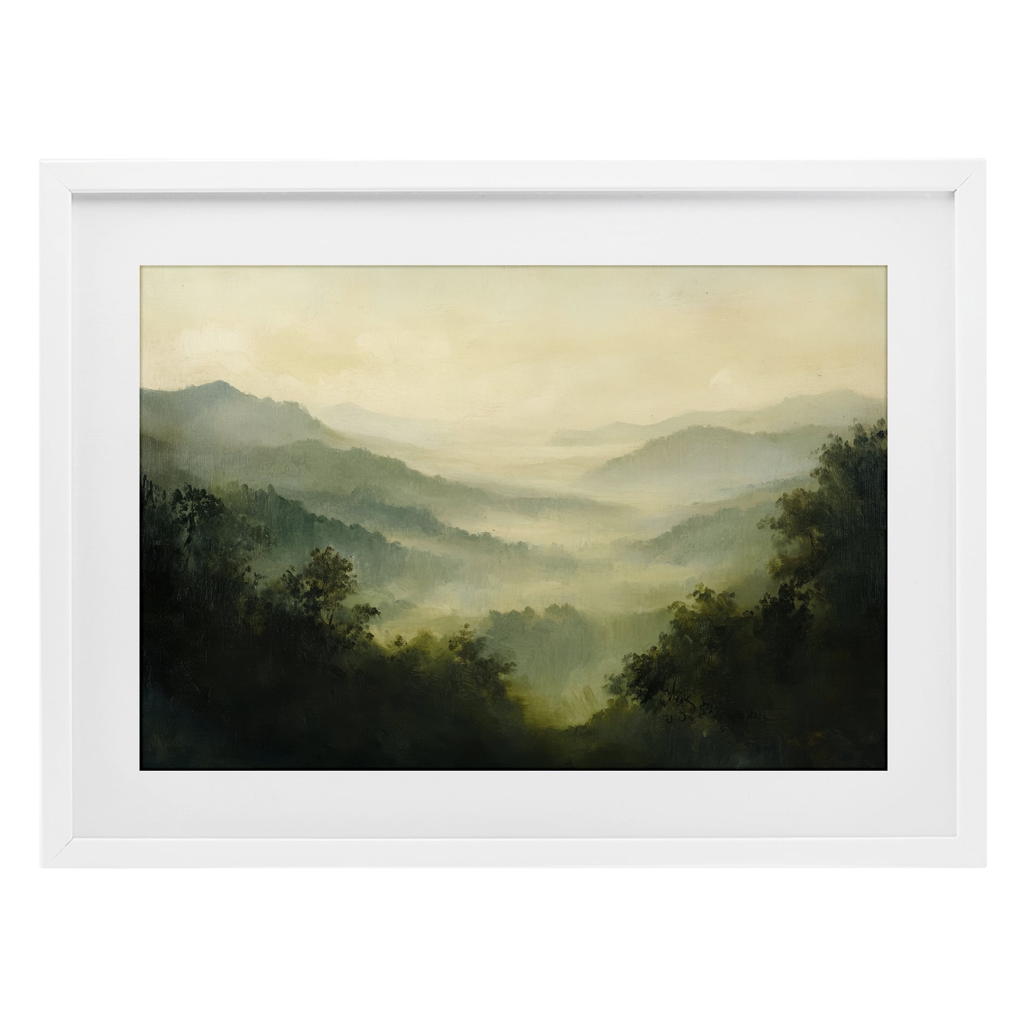 Through The Haze Landscape White Framed Print Under Glass, design by Petal Prints Design