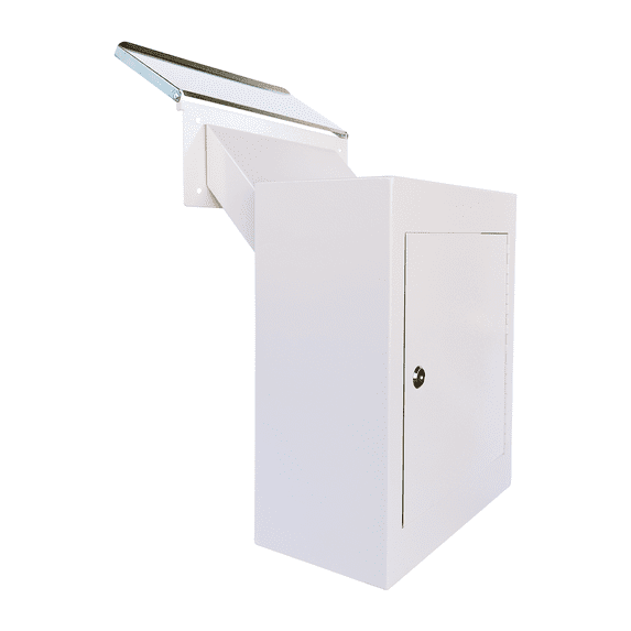 Through-The-Wall Drop Box with Rainproof Cover | Heavy Duty Through Wall Mailbox with 10-Inch Adjustable Chute | Rainproof Locking Drop Safe for Mail, Rent, Checks, Cash, and Keys, White