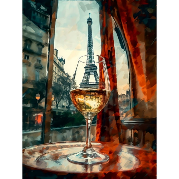 Through the Wine Glass Oil Painting Paris France Eiffel Tower View from Glass Window Large Wall Art Poster Print Thick Paper 18X24 Inch