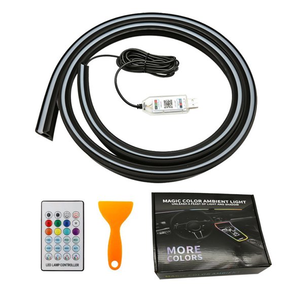 Through-type RGB Flow Car Dashboard Ambient Light, Sound Insulation Seal Strip Windshield Interior LED Atmosphere Lamp, 256 Colors APP/Remote Control USB Decor Light,USB.Type-C-150cm