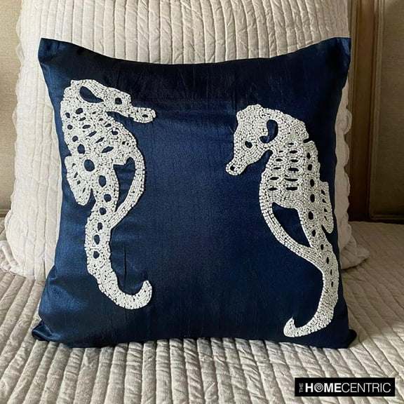 Throw 22x22 inch (55x55 cm) Pillow Cover Navy Blue, Beaded Sea Horse Ocean Beach Theme Pillow Cover, Art Silk Pillow Cover, Floral Mediterranean Throw, Sea - Navy Blue Sea Horse