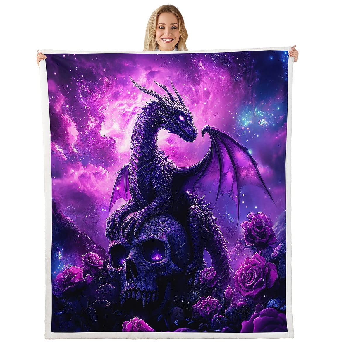 Rose Floral Golden Dragon Print Blanket