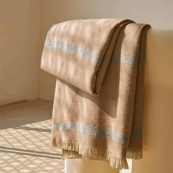 Throw Blanket 100% Cotton Throw Blanket for Spring & Summer 55'' x 75'' Luxury Lightweight Breathable and Skin-Friendly Stripe Wove Blanket with Tassels for Couch Bed and Office