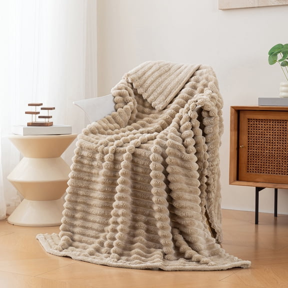 Throw Blanket, 3D Ribbed Jacquard Soft and Warm Decorative Fuzzy Blanket Silky Flannel Fleece Blanket for Bed,sofa,women,men(Khaki,59x79 Inch)