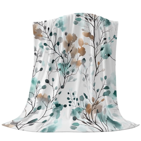 Throw Blanket Abstract Aqua Brown Leaves,Warm Soft Lightweight Flannel Fleece Blankets Watercolor Spring Foliage Leaf,Microfiber Throws for Bed Sofa Couch Camping All Seasons Use 30x40In