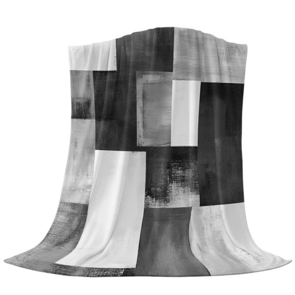 Throw Blanket Abstract Black Grey Color Block,Warm Soft Lightweight Flannel Fleece Blankets Modern White Checkered Plaid,Microfiber Throws for Bed Sofa Couch Camping All Seasons Use 30x40In