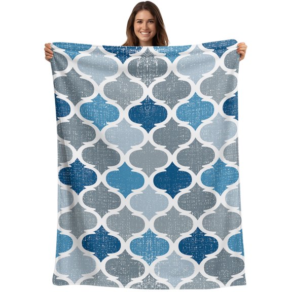 Throw Blanket Abstract Geometric Morocco Pattern Blankets and Throws, Gray and Blue Blanket for Couch Bed Sofa Chair, Soft Cozy Warm Flannel Fleece Blankets for All Season Home Decor 40x50 Inch
